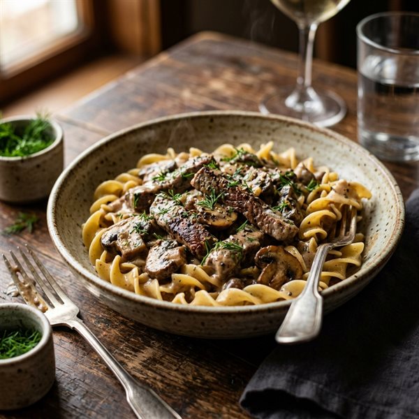 15-Minute Creamy Garlic Butter Beef Stroganoff with Egg Noodles
