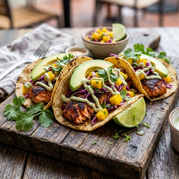 15-Minute Garlic Butter Blackened Salmon Tacos with Mango Slaw