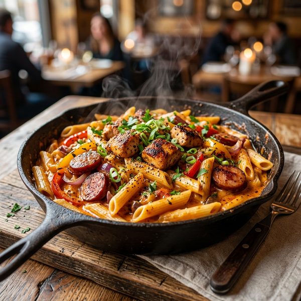 20-Minute Creamy Cajun Chicken and Sausage Pasta in a cast-iron skillet