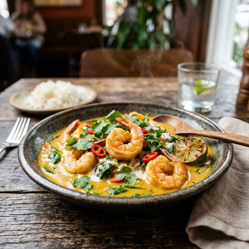 15-Minute Creamy Coconut Lime Shrimp Curry with cilantro and lime wedges in a bowl
