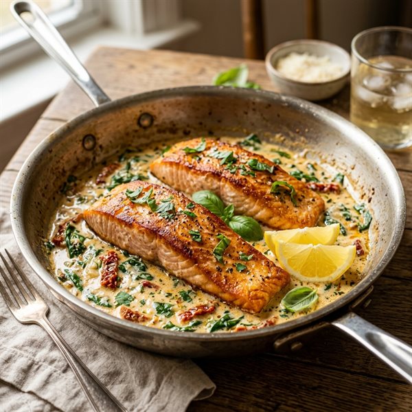 20-Minute Creamy Garlic Parmesan Sun-Dried Tomato Salmon Skillet