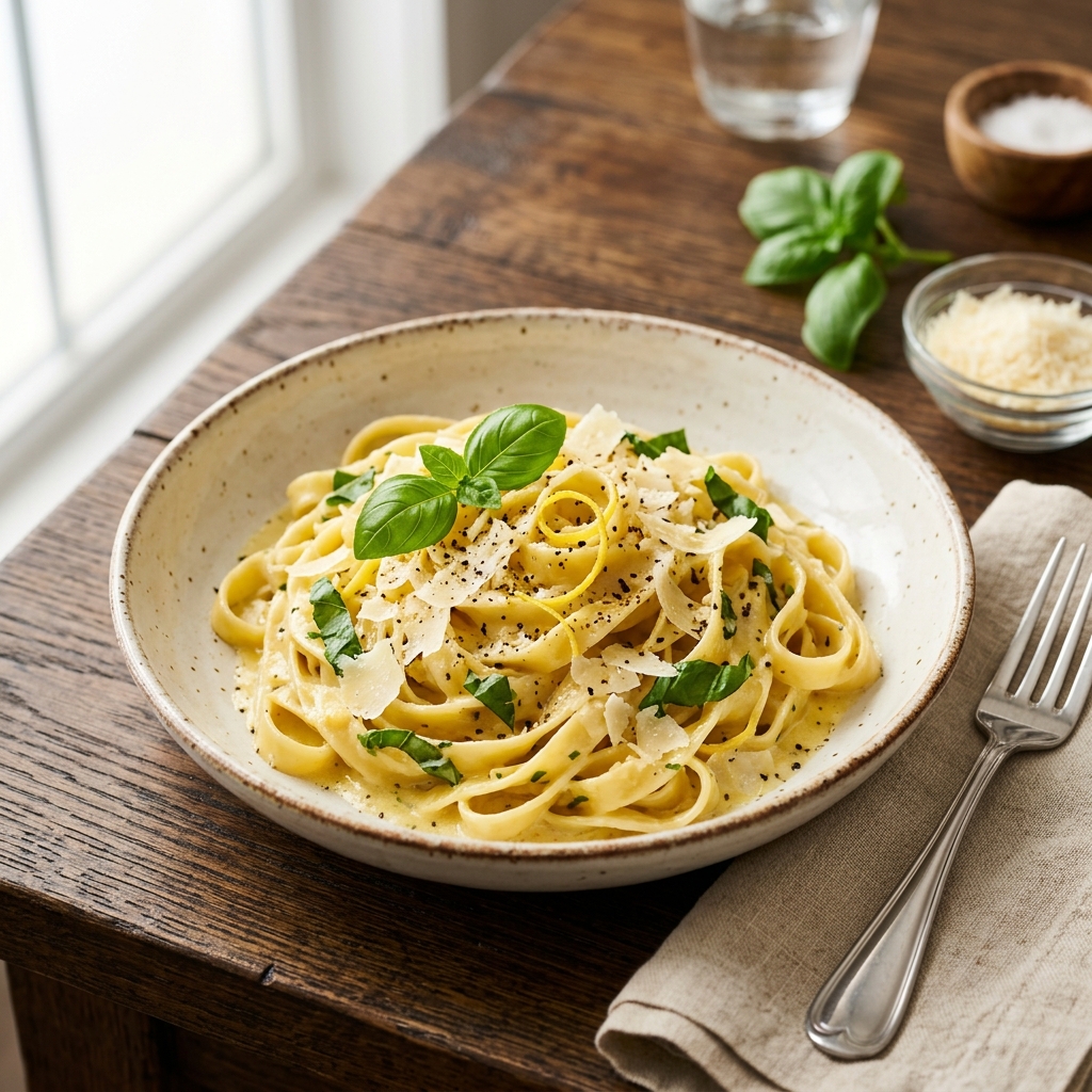 15-Minute Creamy Lemon Basil Pasta with parmesan cheese and lemon zest