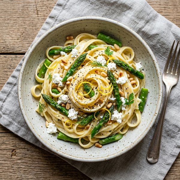 20-Minute Creamy Lemon Goat Cheese and Asparagus Fettuccine