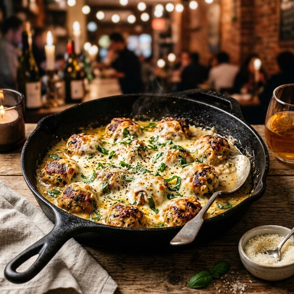 20-Minute Creamy Garlic Parmesan Chicken Meatball Skillet