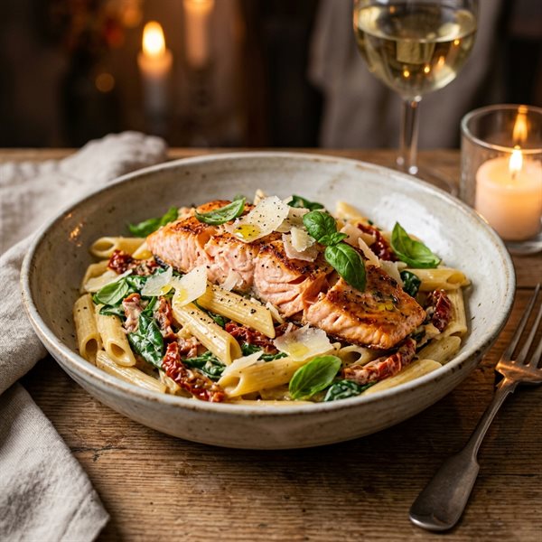 20-Minute Creamy Garlic Butter Sun-Dried Tomato Salmon Pasta