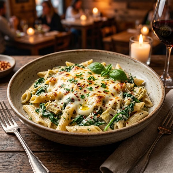 15-Minute Creamy Garlic Spinach Artichoke Penne