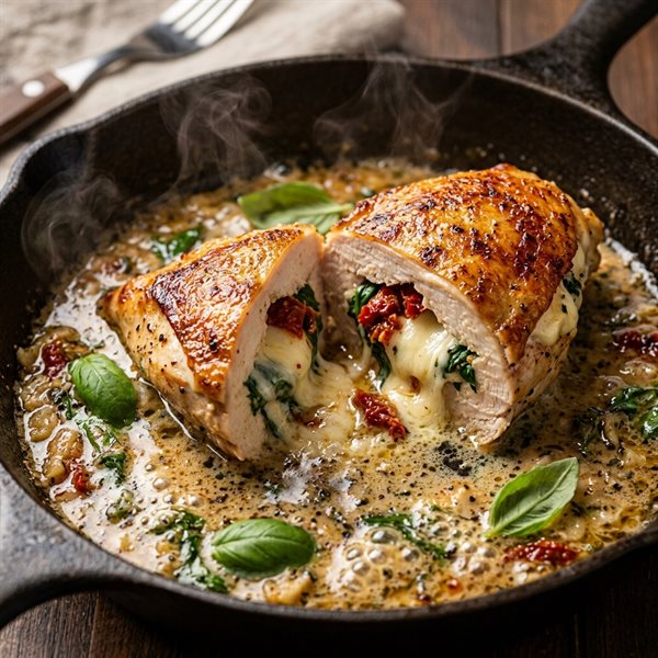 20-Minute Creamy Sun-Dried Tomato and Spinach Stuffed Chicken