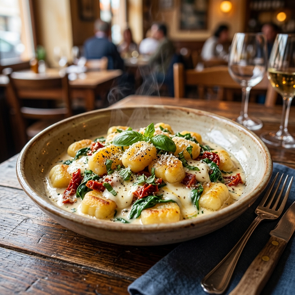 15-Minute Creamy Sun-Dried Tomato Gnocchi with spinach and mozzarella pearls
