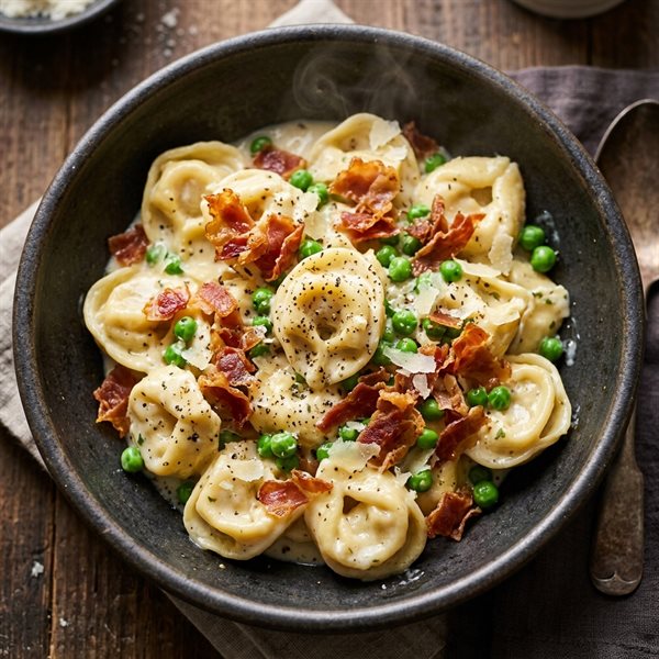 15-Minute Creamy Garlic Butter Tortellini with Crispy Prosciutto and Peas