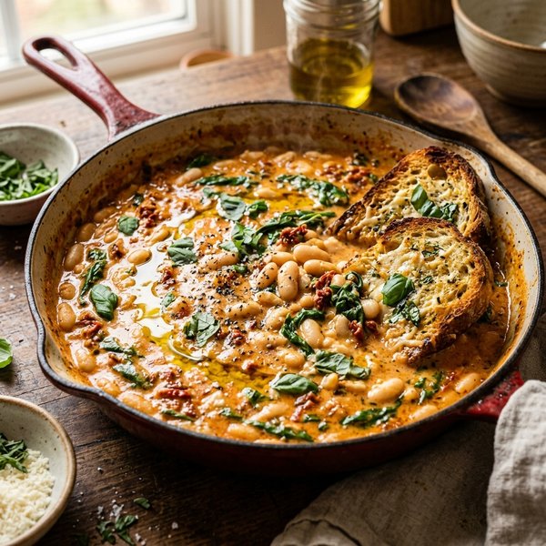 20-Minute Creamy Garlic Parmesan Tuscan White Bean Skillet