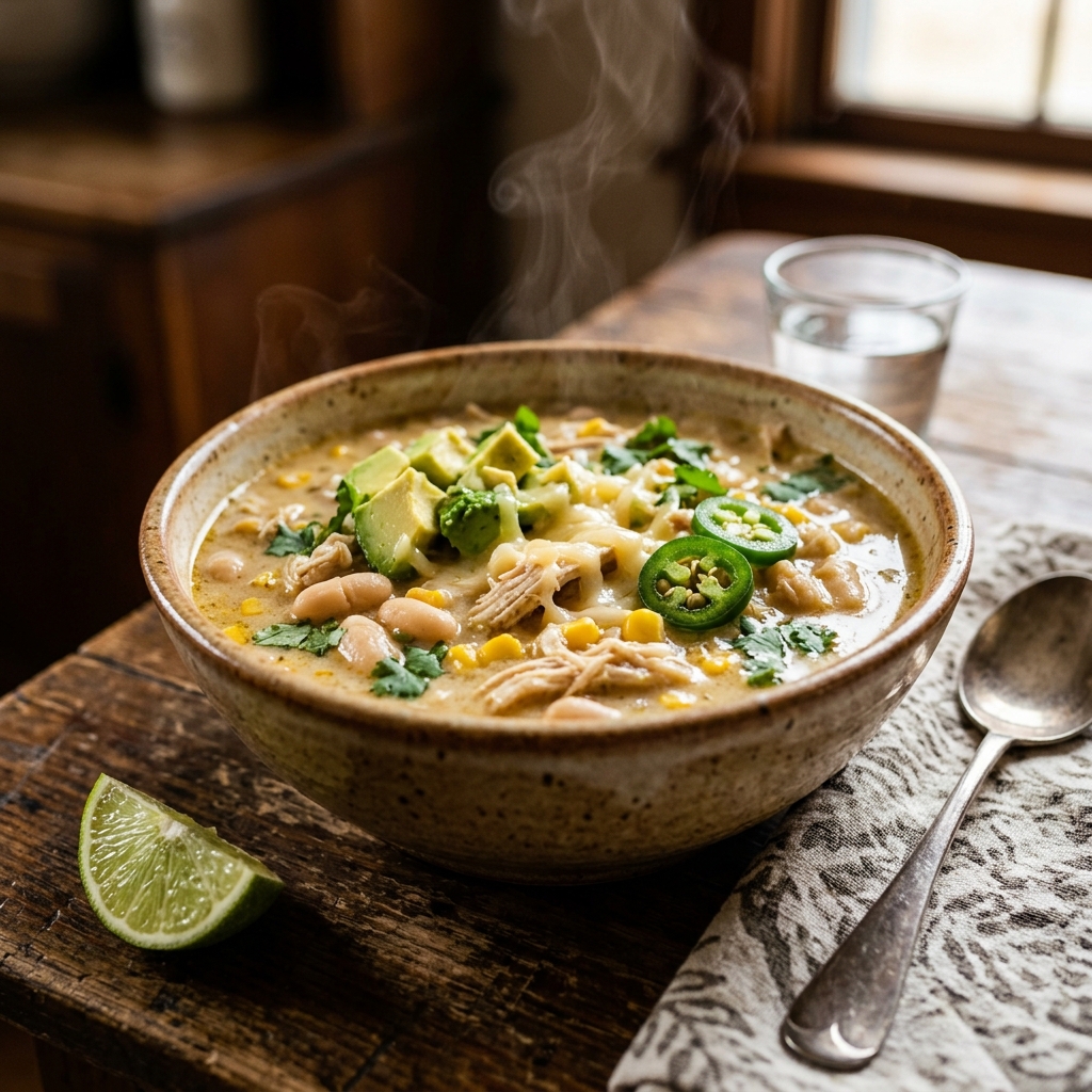 20-Minute Creamy White Chicken Chili topped with avocado and cheese in a rustic bowl