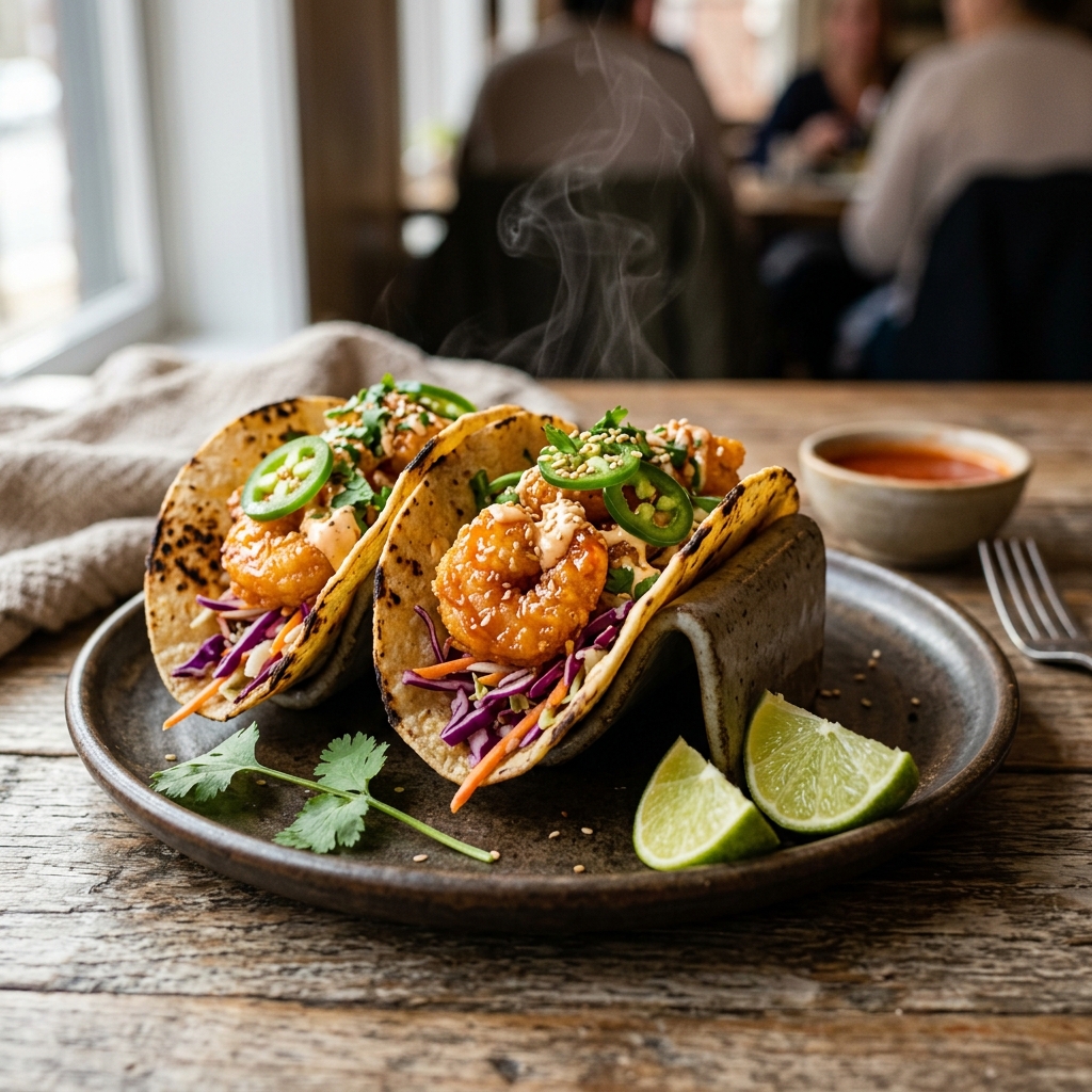 15-Minute Crispy Bang Bang Shrimp Tacos in charred tortillas with lime slaw