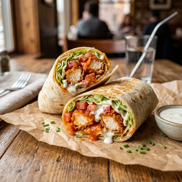15-Minute Crispy Buffalo Chicken Wraps sliced in half with ranch dressing
