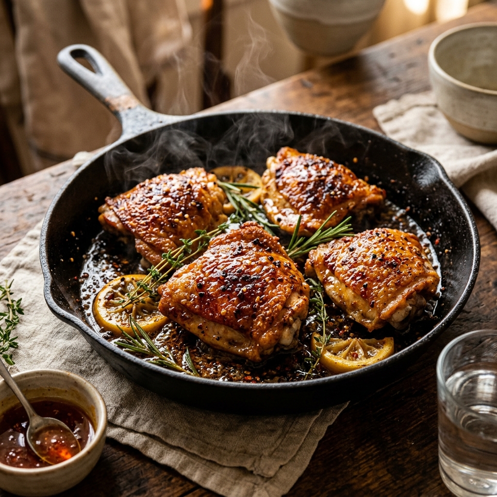 20-Minute Crispy Hot Honey Chicken Thighs in a cast iron skillet with thyme and lemon