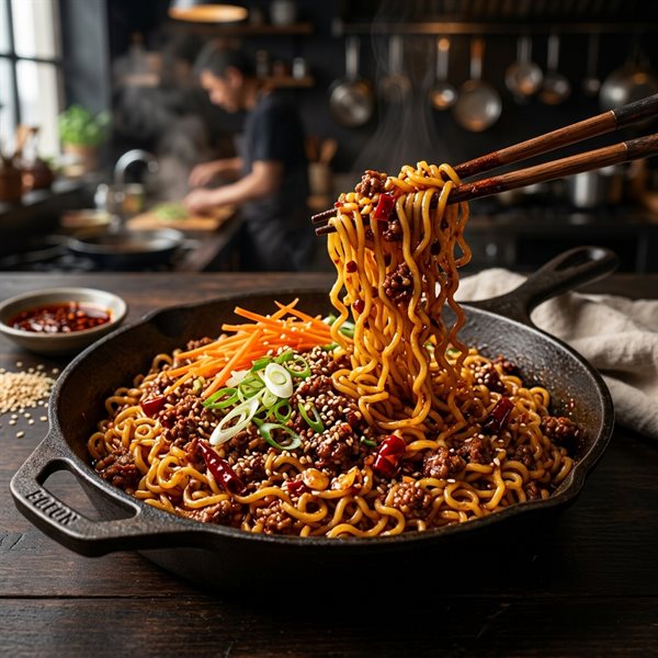 15-Minute Firecracker Spicy Ground Beef Ramen Skillet