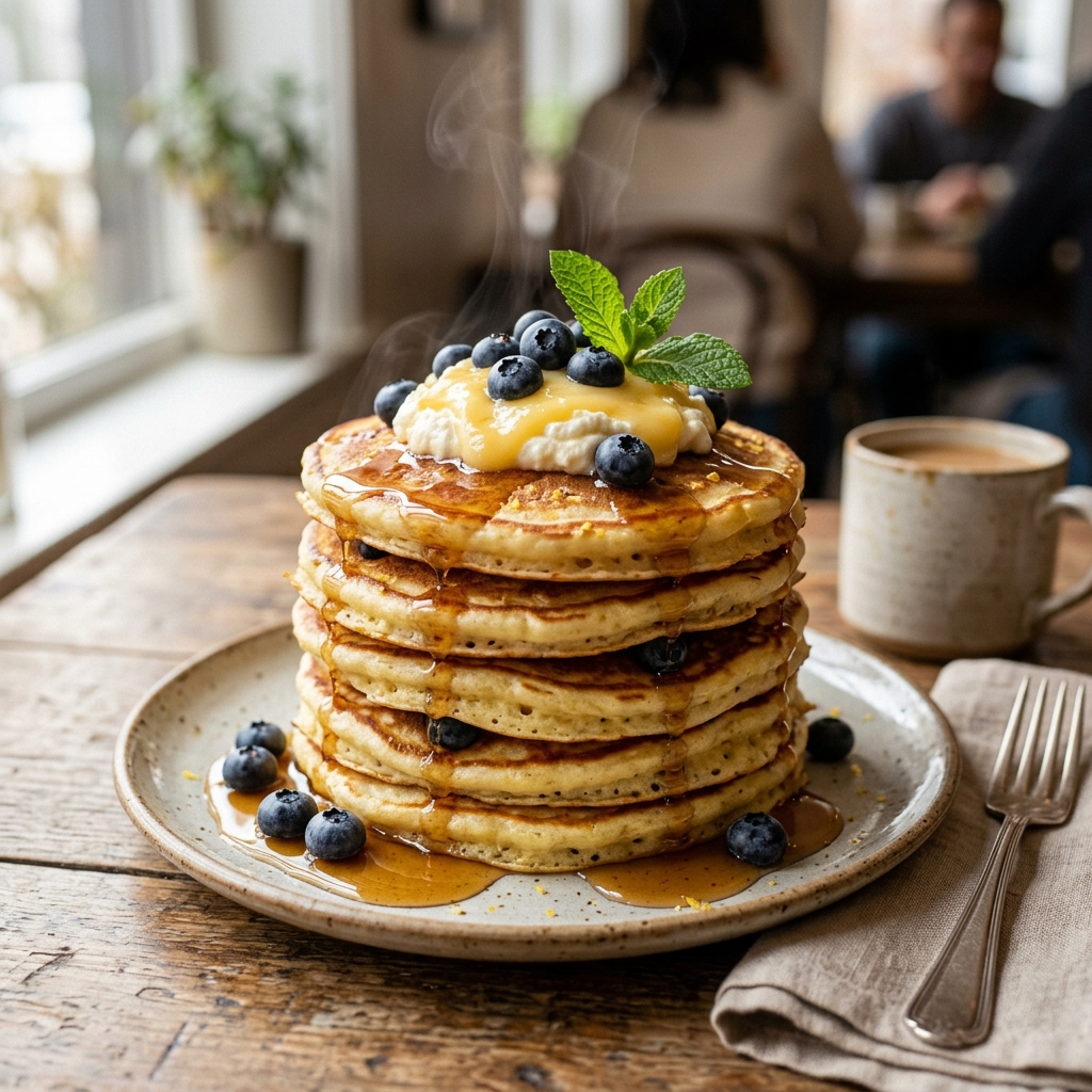 15-Minute Fluffy Lemon Ricotta Pancakes stacked with blueberries and lemon curd