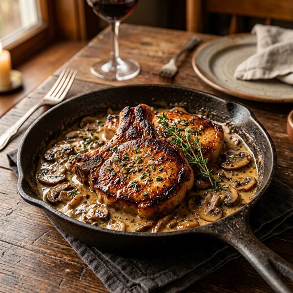 20-Minute Creamy Garlic Butter Mushroom Pork Chops Skillet