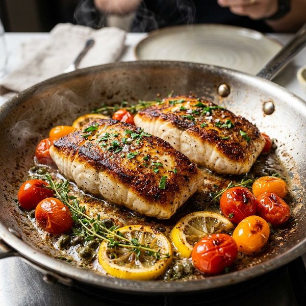 15-Minute Pan-Seared Garlic Butter Halibut with Blistered Tomatoes