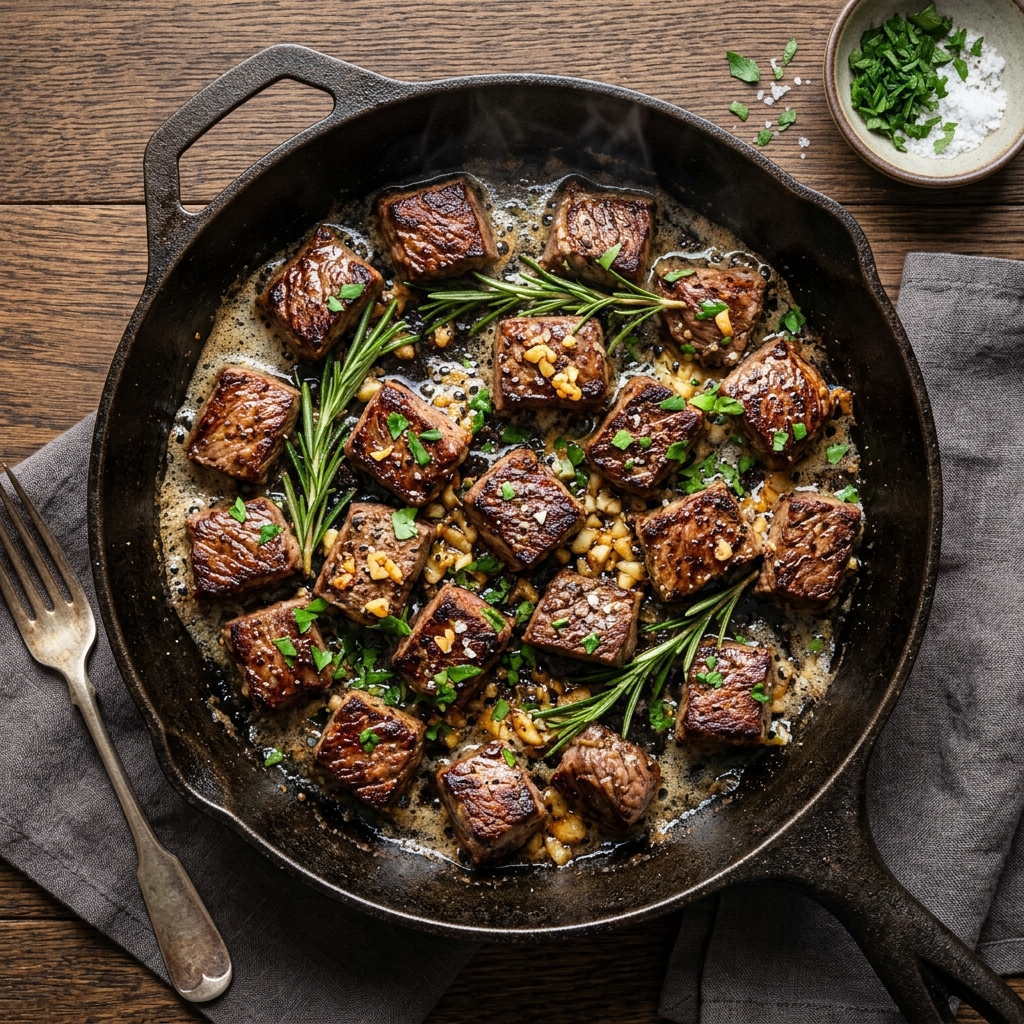 Crispy Garlic Butter Steak Bites sizzling in cast iron skillet