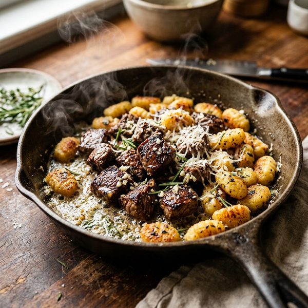 20-Minute Garlic Butter Steak and Gnocchi Skillet