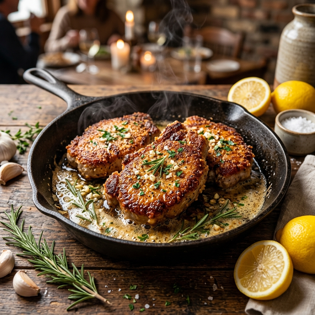 20-Minute Crispy Garlic Parmesan Crusted Pork Chops in a cast-iron skillet with rosemary