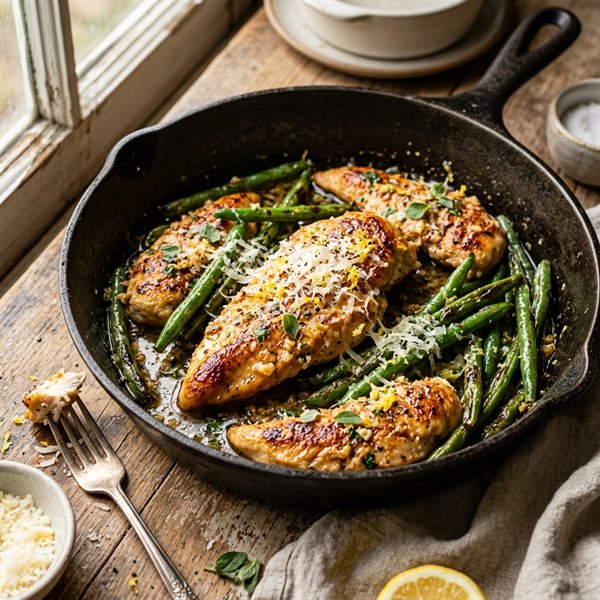 15-Minute Crispy Garlic Butter Parmesan Green Beans and Chicken