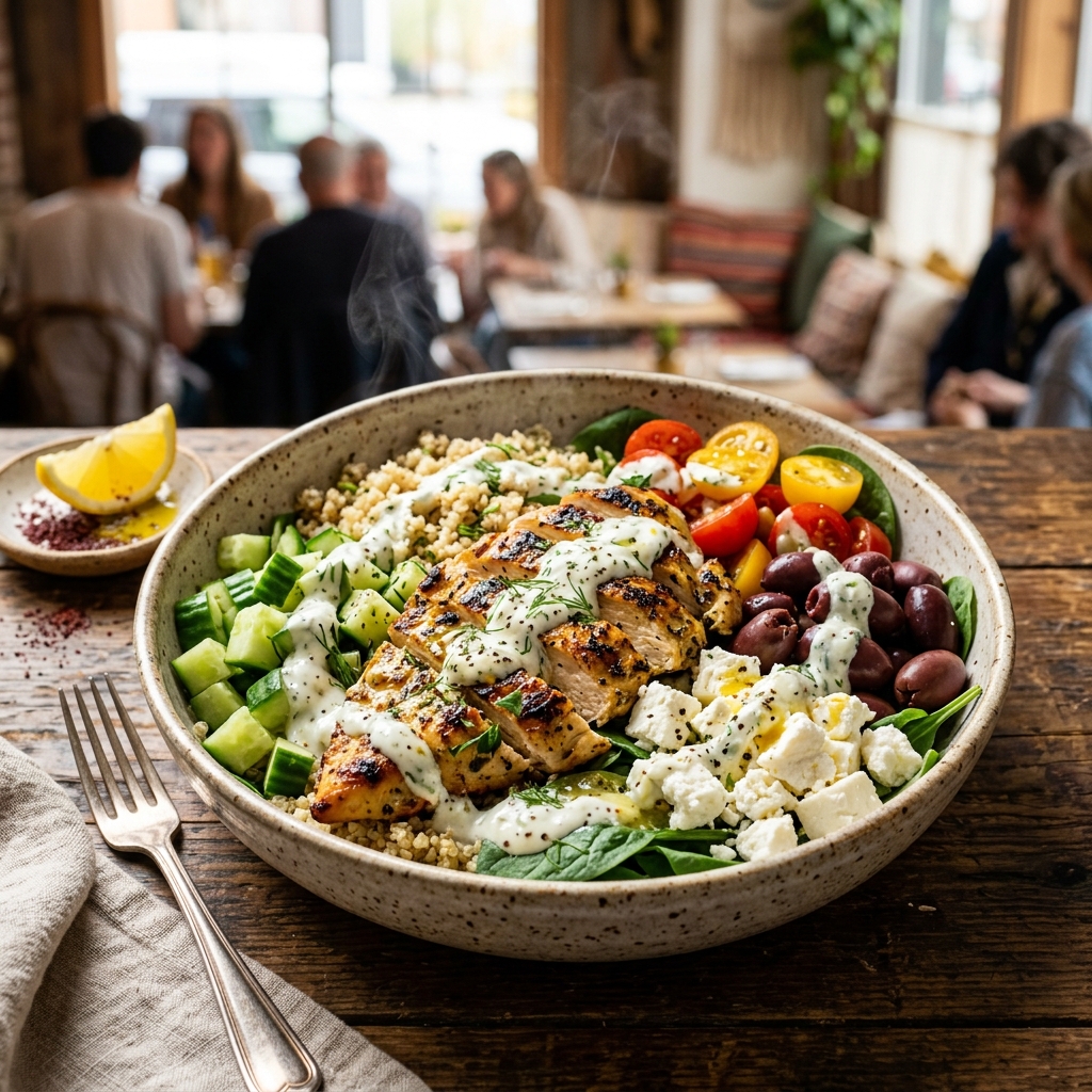 20-Minute Greek Chicken Power Bowls with tzatziki, olives, feta, and quinoa