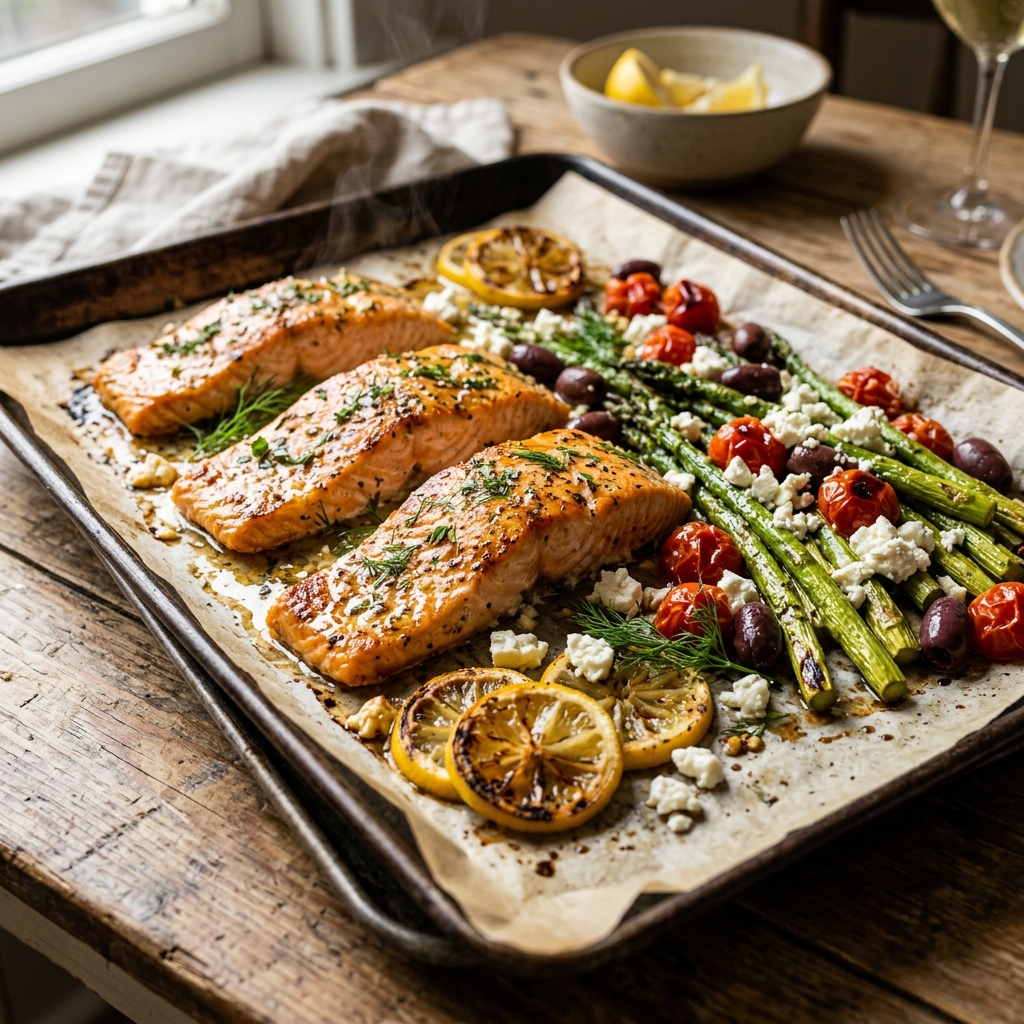 20-Minute Sheet-Pan Greek Lemon Garlic Salmon with asparagus and feta