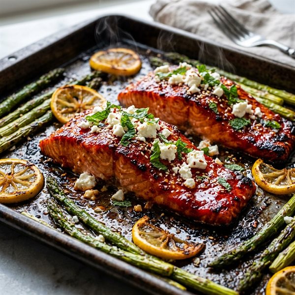 20-Minute Sheet-Pan Harissa Honey Salmon and Asparagus