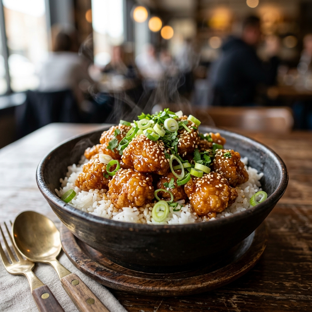 20-Minute Sticky Honey Sesame Chicken Bites with sesame seeds and scallions over rice