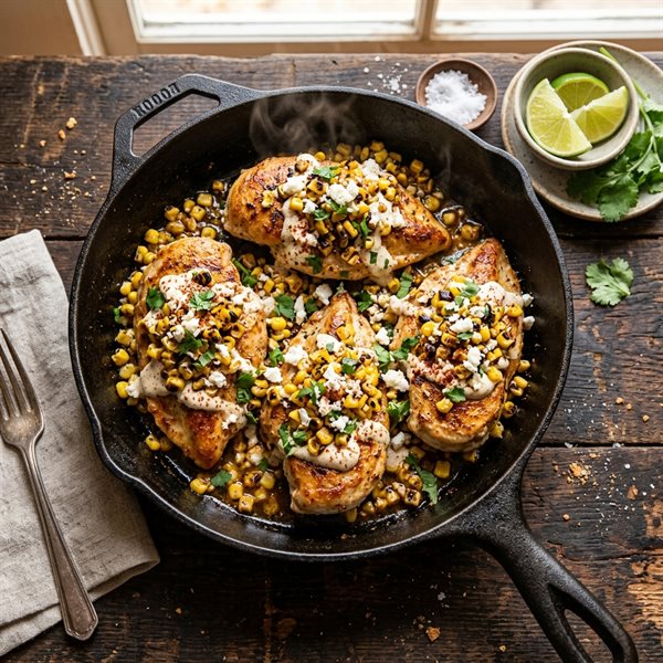 20-Minute One-Pan Mexican Street Corn (Elote) Chicken Skillet