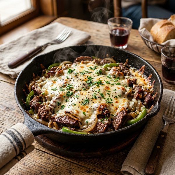 20-Minute Philly Cheesesteak Skillet with melted provolone cheese in cast iron