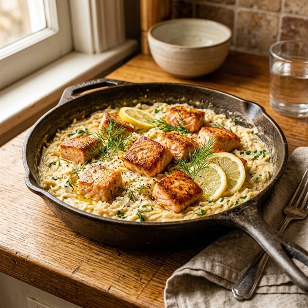 20-Minute Creamy Garlic Herb Salmon Bites with Orzo Skillet