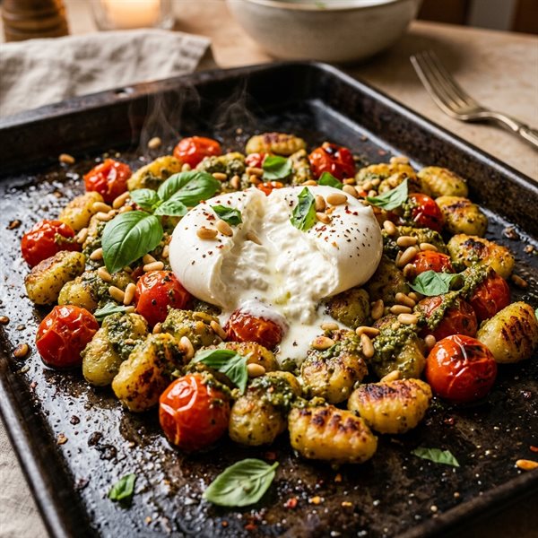 20-Minute Sheet-Pan Crispy Gnocchi with Burst Tomatoes, Burrata, and Pesto