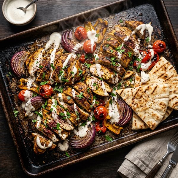 20-Minute Sheet-Pan Crispy Chicken Shawarma Bowls with Garlic White Sauce