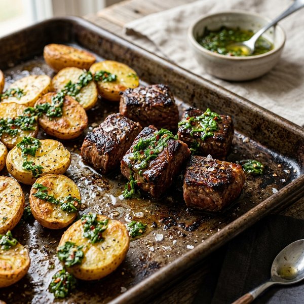 20-Minute Sheet-Pan Crispy Garlic Chimichurri Steak and Baby Potatoes