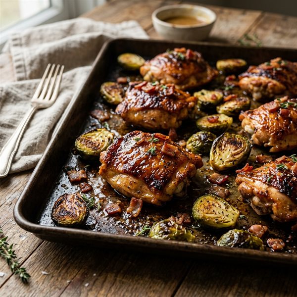 20-Minute Sheet-Pan Crispy Honey Mustard Chicken Thighs & Brussels Sprouts