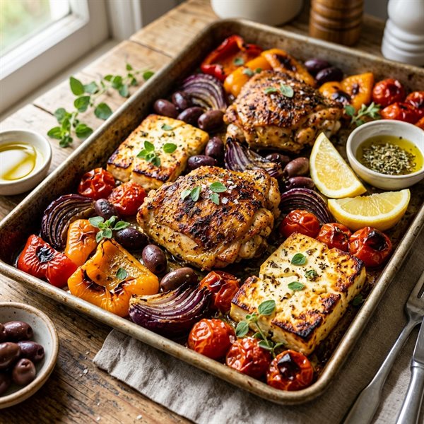 20-Minute Sheet-Pan Crispy Lemon Feta Greek Chicken Thighs
