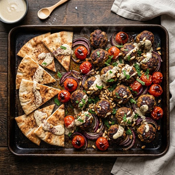 20-Minute Sheet-Pan Moroccan Spiced Meatballs with Tahini Herb Sauce