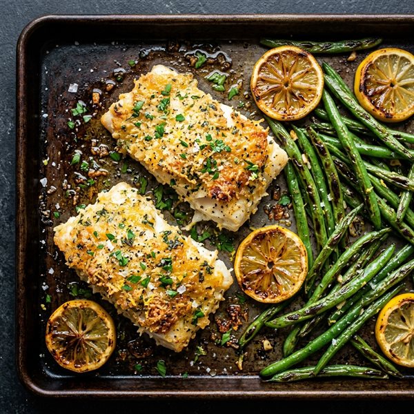 20-Minute Sheet-Pan Crispy Parmesan Crusted Cod and Garlic Green Beans