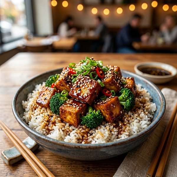 15-Minute Crispy Sticky Sesame Honey Glazed Tofu Bowls