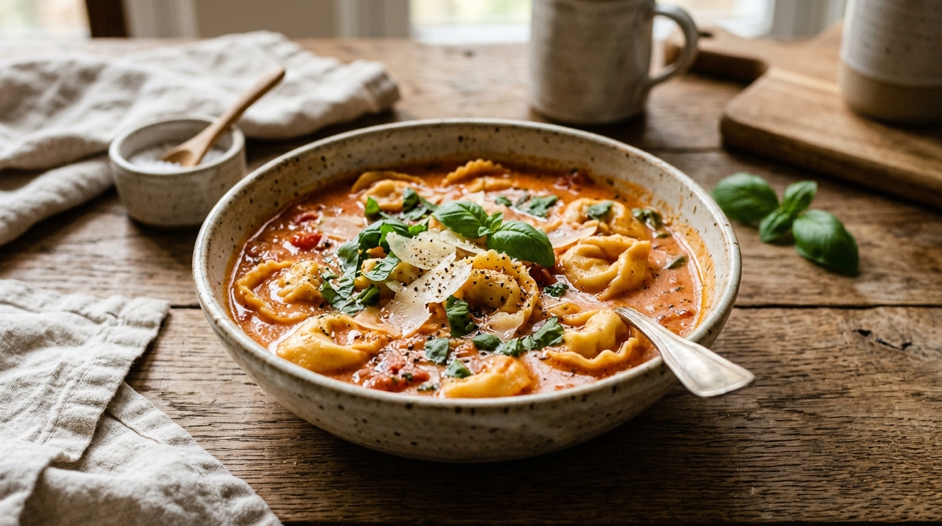 One-Pot Creamy Tomato Basil Tortellini Soup